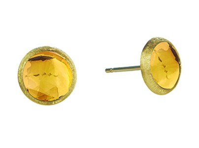 A pair of 18k yellow gold Marco Bicego studs features two bezel-set citrine gemstones