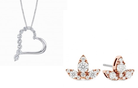 Diamond and white gold heart pendant next to diamond earrings in a trio petal design