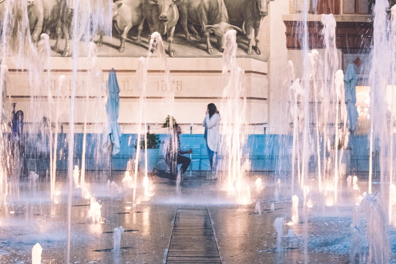 Couple getting engaged behind an elaborate fountain
