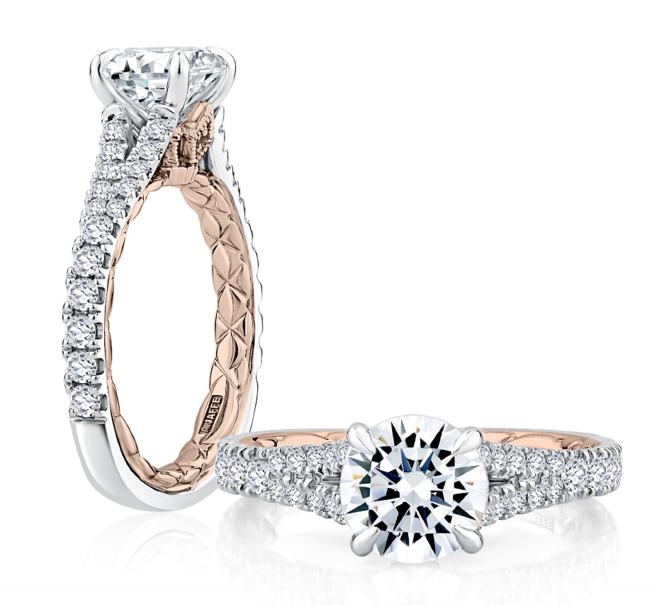 a beautiful side stone engagement ring by A.JAFFE available at Rogers Jewelry Co. jewelry store in California and Reno, especially during The Perfect Match traveling bridal sale