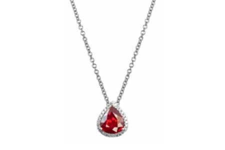 A close-up of a JYE ruby pendant necklace, available at Rogers Jewelry Co.