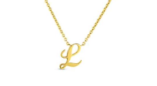 a yellow gold chain necklace with a cursive “L” pendant