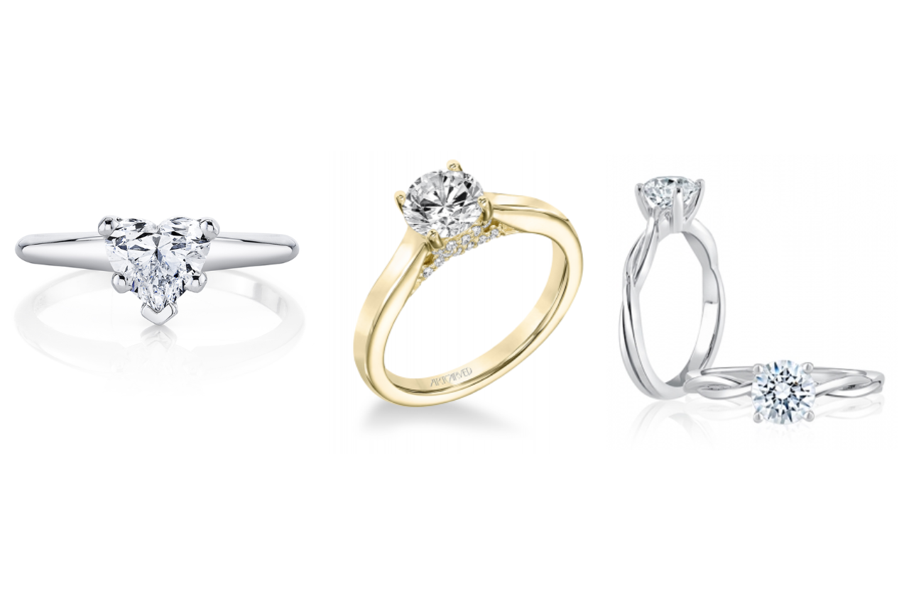 A collection of three solitaire engagement rings, available at Rogers Jewelry Co.