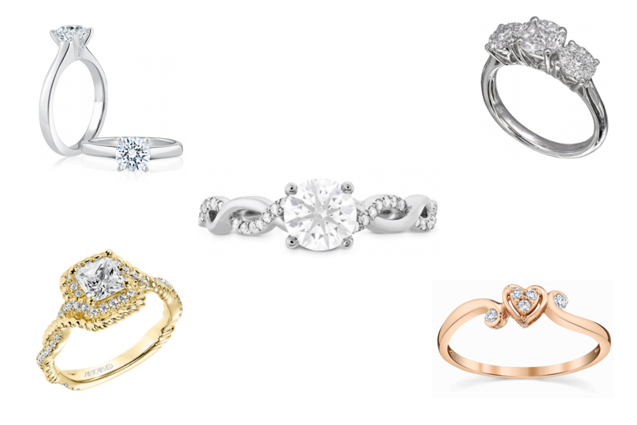 A collage of engagement rings, all available at Rogers Jewelry Co.