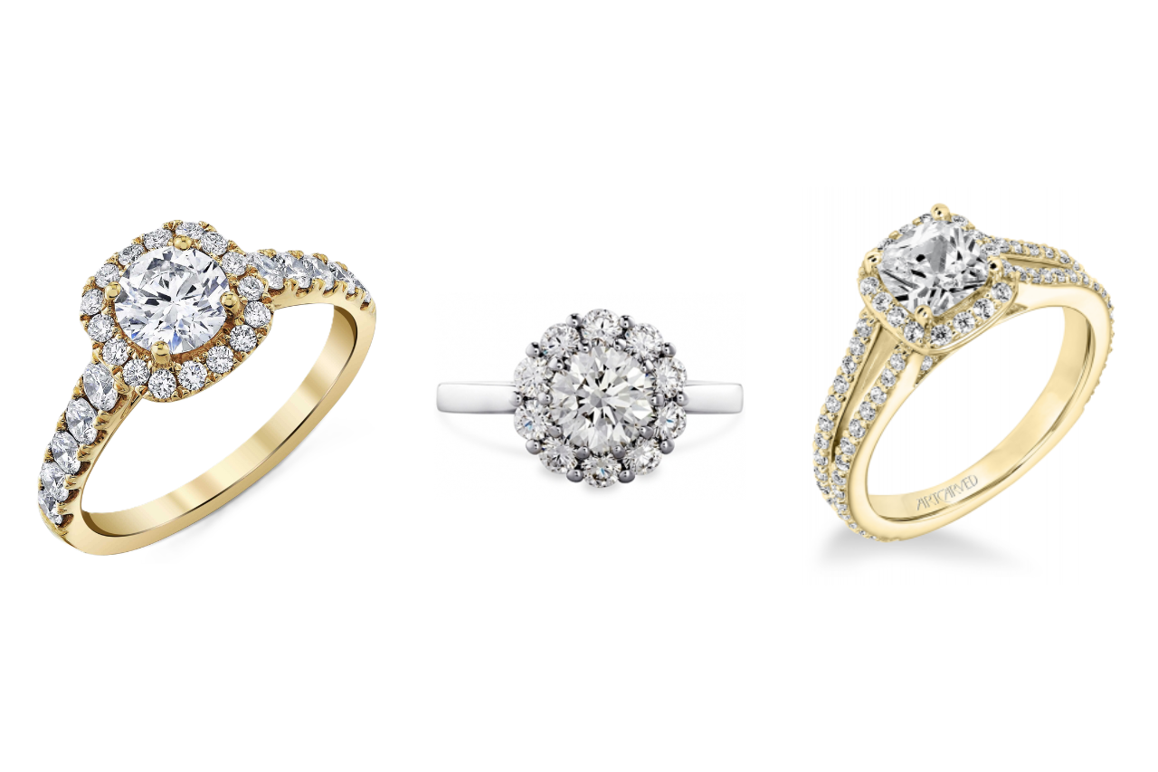 A selection of halo engagement rings, available at Rogers Jewelry Co.