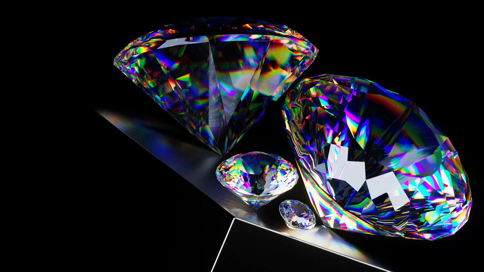 multiple diamonds with rainbow light shining through them