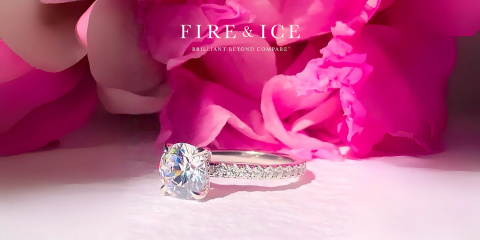 Fire & Ice Valentine's Day image featuring an engagement ring in front of pink flower petals