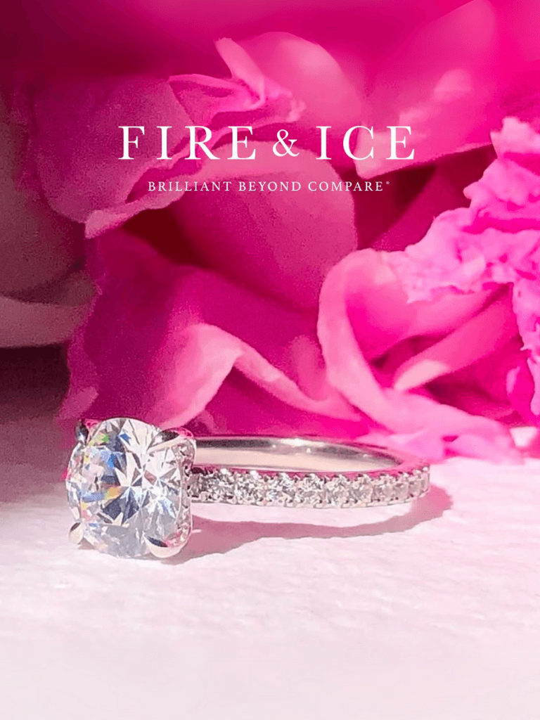 Fire & Ice Valentine's Day image featuring an engagement ring in front of pink flower petals